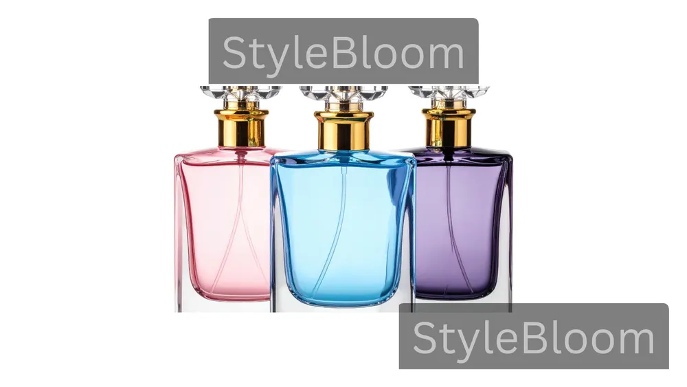 Three generic perfume bottles in pink, blue, and purple