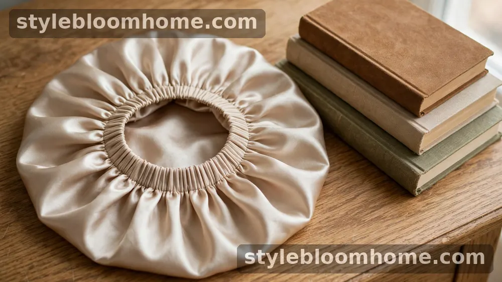 Illustration: a gathered champagne silk bonnet with a wide soft band on a light oak table beside a stack of books