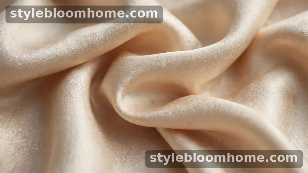 Illustration: close-up of champagne silk fabric folds in daylight, showing the sheen and fine weave