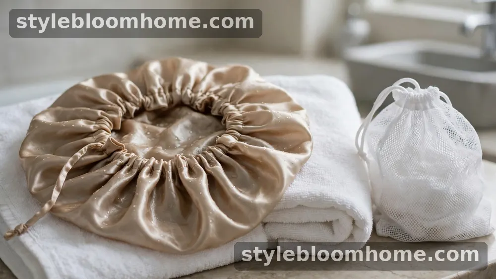 Illustration: a damp champagne silk bonnet drying flat on a white towel beside a white mesh laundry bag