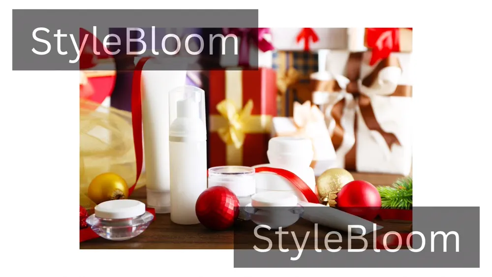 Skincare products with gift boxes, ribbons and Christmas baubles