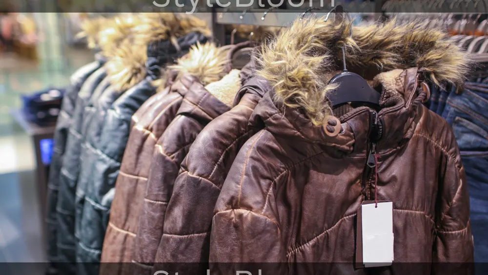 Winter coats with fur-trimmed hoods hanging on a rack in a shop, with a blank price tag.