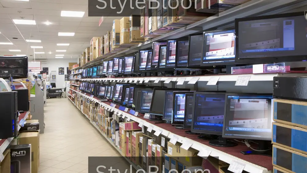 Rows of screens on display on shelves in an electronics shop, with boxes stacked above and below.