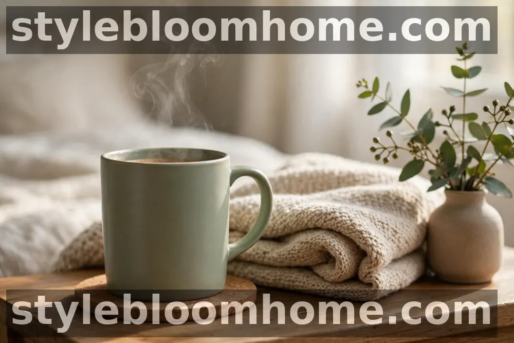 Illustration of a steaming ceramic mug on a cork coaster beside a folded knit blanket and a vase of eucalyptus