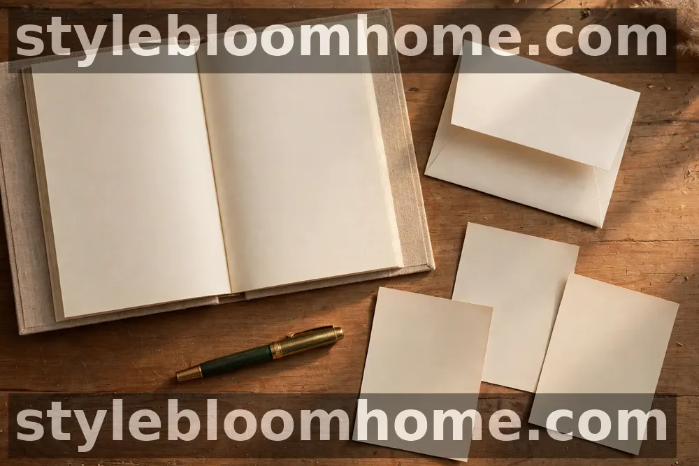 Illustration of an open blank memory book with an envelope, blank cards, and a fountain pen on a wooden desk