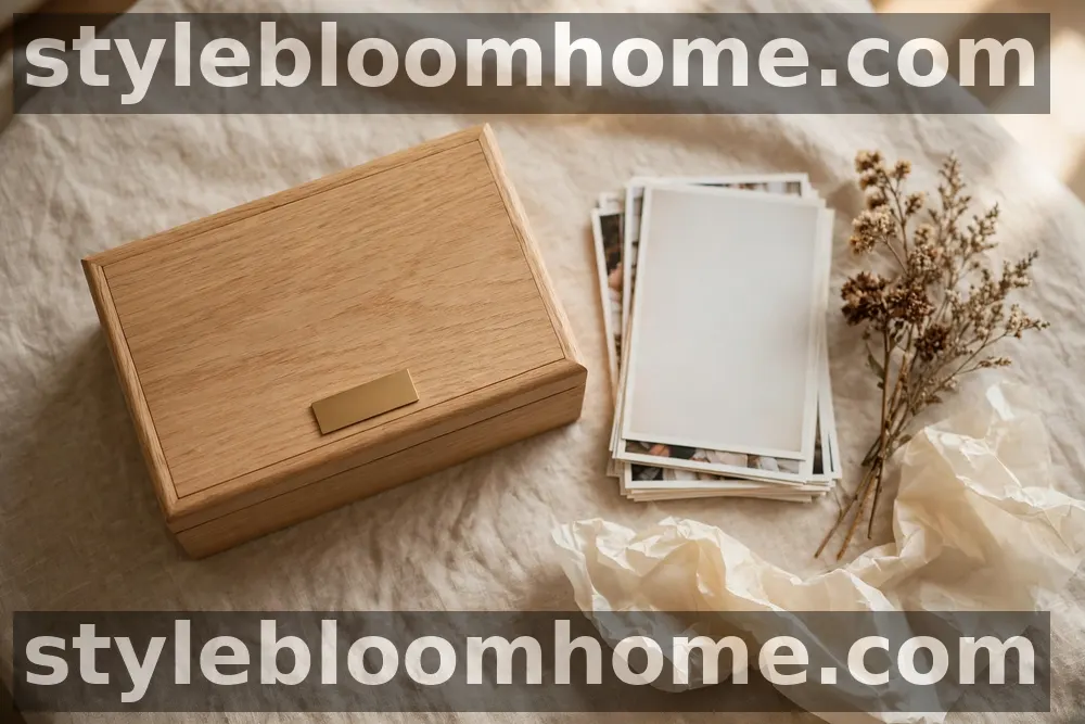 Illustration of a wooden keepsake box with a blank brass nameplate beside a stack of photographs, dried flowers, and tissue paper
