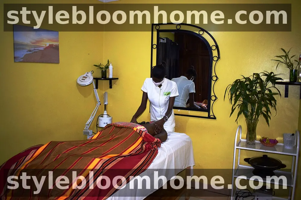 A massage therapist giving a massage in a spa treatment room