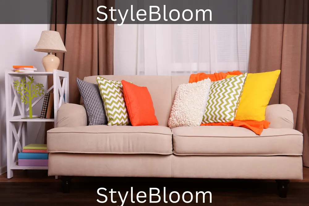 Sofa with six cushions, an orange throw, and a lamp on a shelf unit
