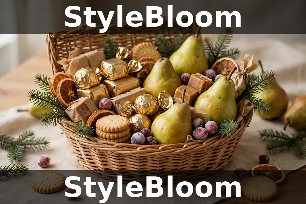 Illustration: an open wicker basket with pears, wrapped chocolates, biscuits and seasonal sweets