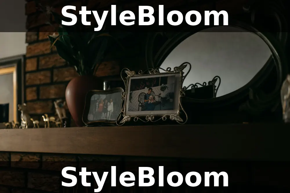 Framed family photographs on a brick fireplace mantel