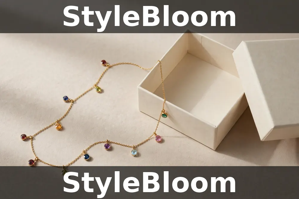Illustration: a gold necklace with coloured gemstone charms beside an open gift box