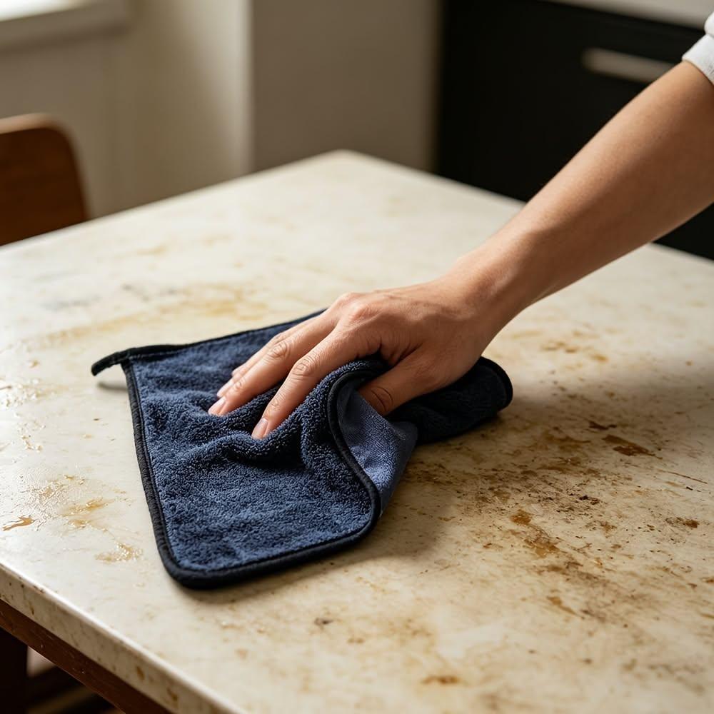 Hand wiping a kitchen counter with a navy blue microfiber cloth
