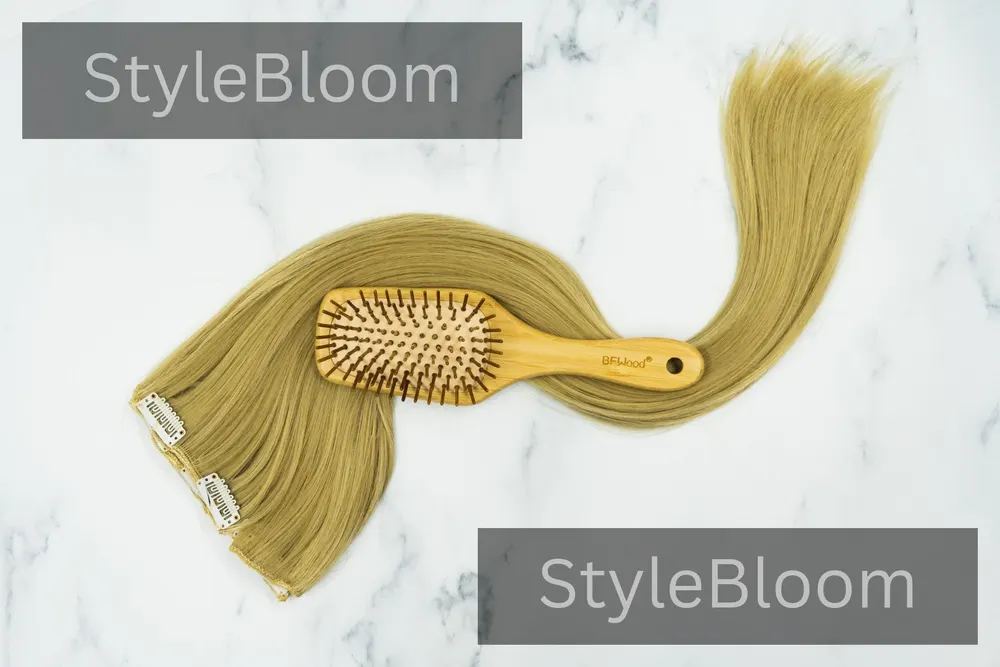 A detached one-piece blonde extension with a wooden paddle brush on marble, clips visible.