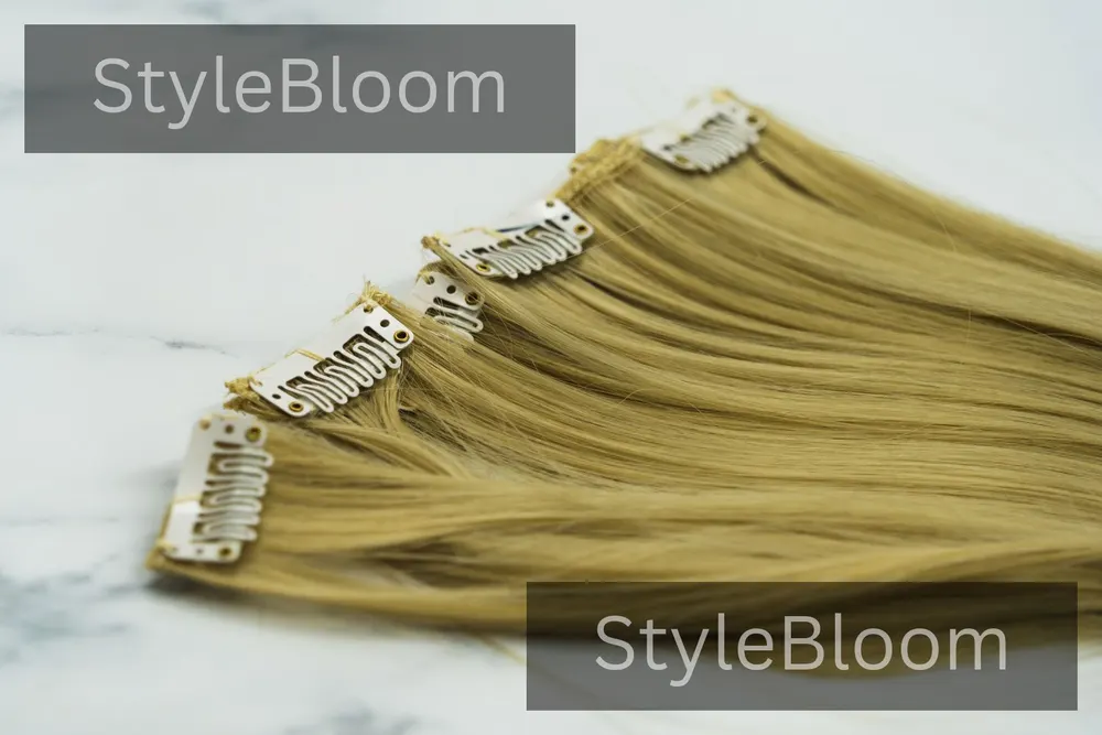 Clips close up on a detached blonde weft laid on marble, clips clearly visible.