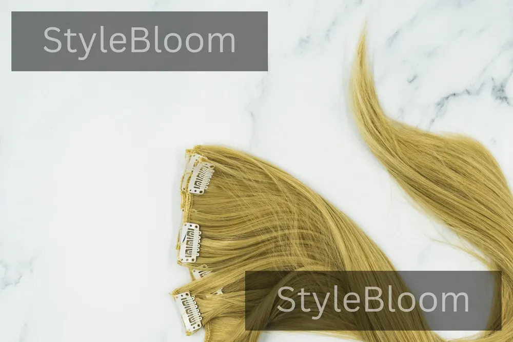 A full detached set of long, straight blonde extensions on white marble, clips visible.