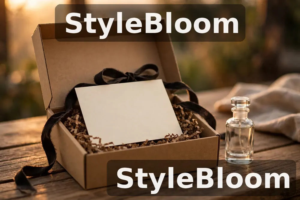 Illustration of an open kraft gift box holding a blank cream card with a dark ribbon, beside a small unlabeled glass cologne bottle