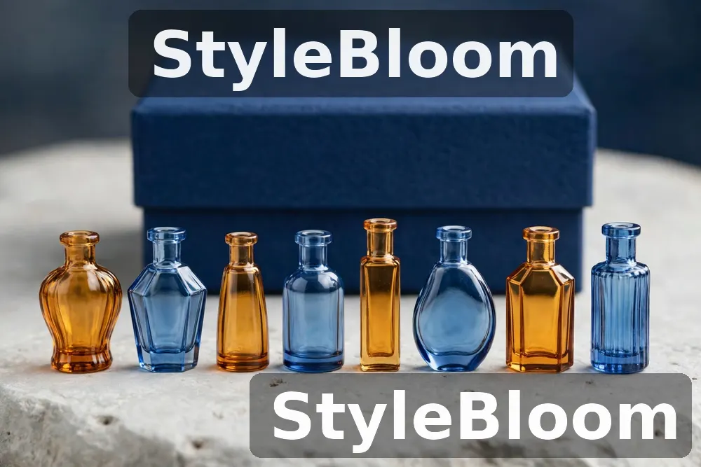 Illustration of eight small unlabeled miniature cologne bottles in amber and blue glass arranged in a row in front of a blue gift box