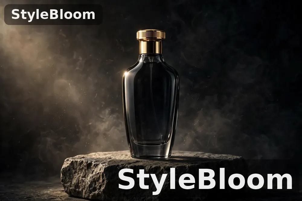 Illustration of a single dark unlabeled cologne bottle with a gold cap standing on a stone plinth against a dark background