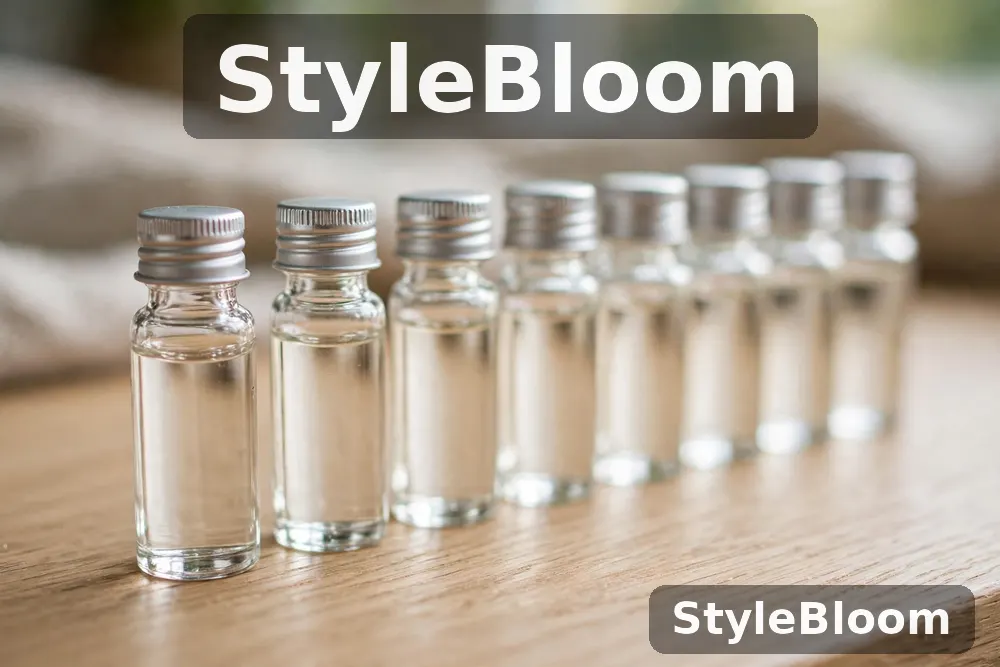 Illustration of a row of small unlabeled clear glass sample vials with silver caps standing on a wooden surface