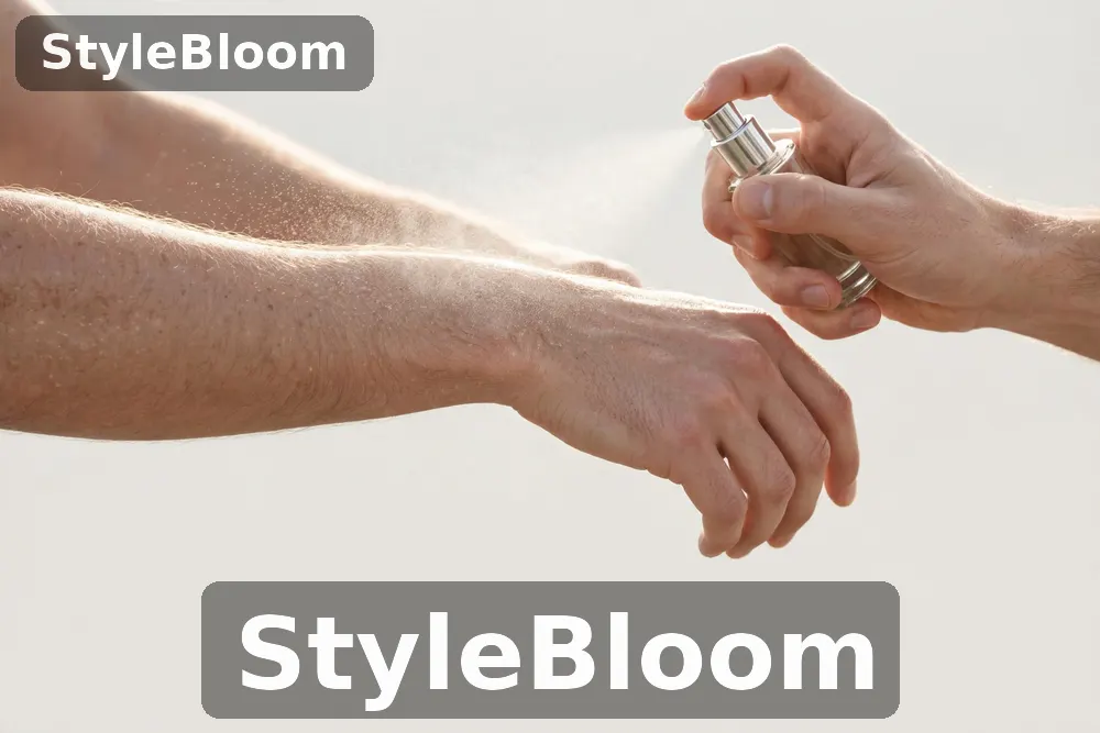 Illustration of a man spraying a fine mist of cologne from a small unlabeled atomiser onto his wrist against a plain pale background