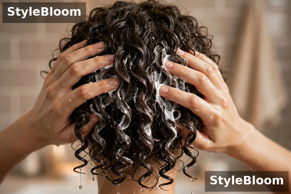 Illustration of hands raking curl cream through soaking-wet curls from behind, with water droplets visible