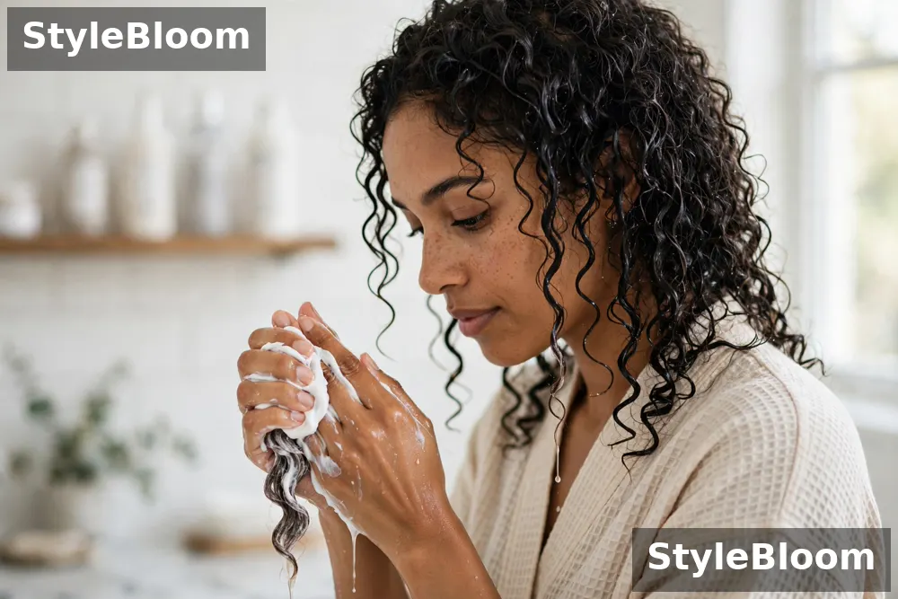 Illustration of a woman smoothing curl cream through a section of soaking-wet curls with praying hands in a bright bathroom