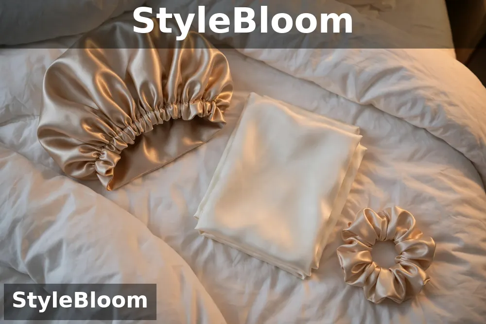 Illustration of a satin bonnet, a folded silk pillowcase and a silk scrunchie arranged on a made bed