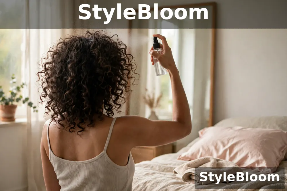 Illustration of a woman seen from behind misting her day-two curls with a spray bottle in front of a bedroom mirror