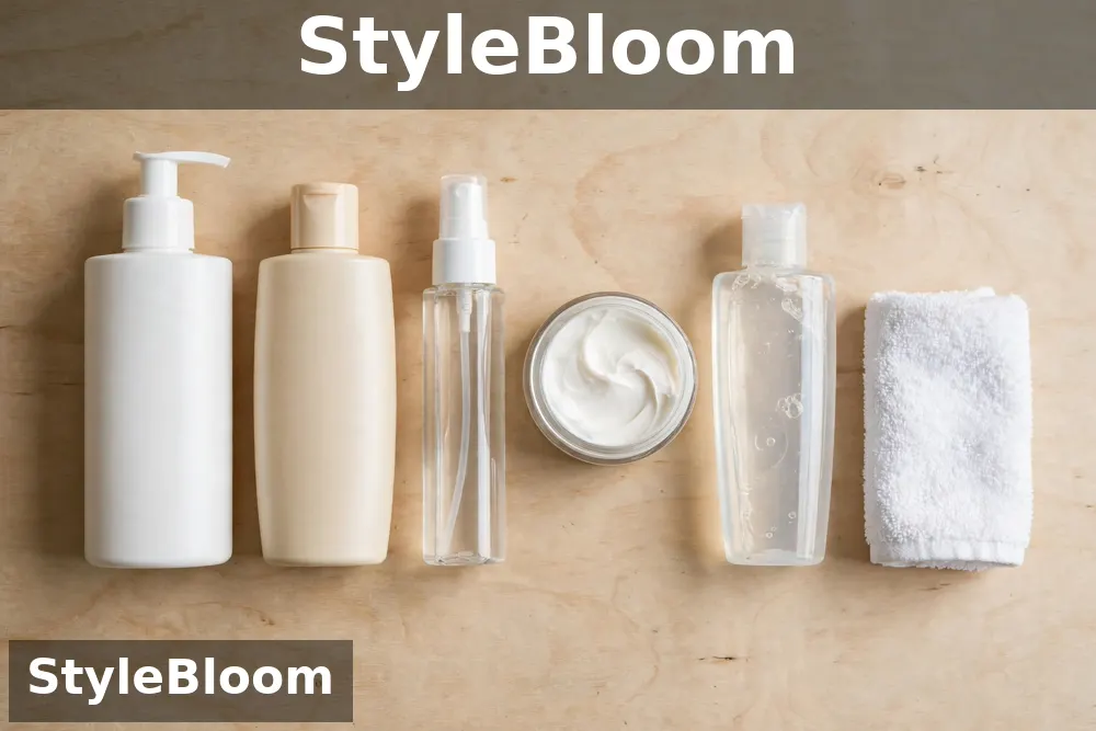 Illustration of five unlabeled hair-care products lined up in routine order with a folded towel on a wooden surface