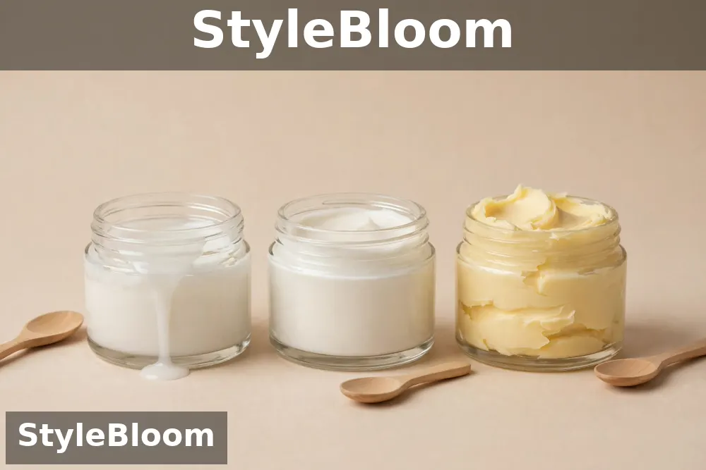 Illustration of three open jars showing a runny lotion, a smooth medium cream and a thick rich butter with wooden spoons