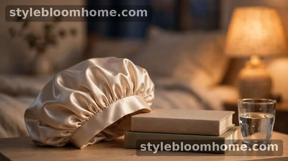 Illustration: a champagne satin bonnet resting on a bedside table beside a stack of books.