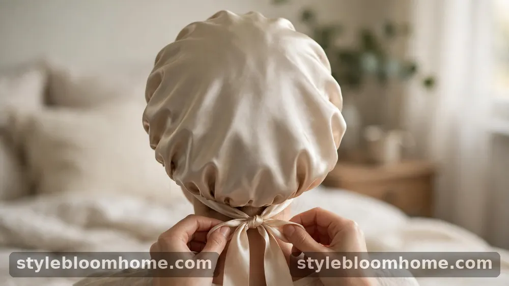 Illustration: hands tying the long satin ribbons of a bonnet at the nape, seen from behind.
