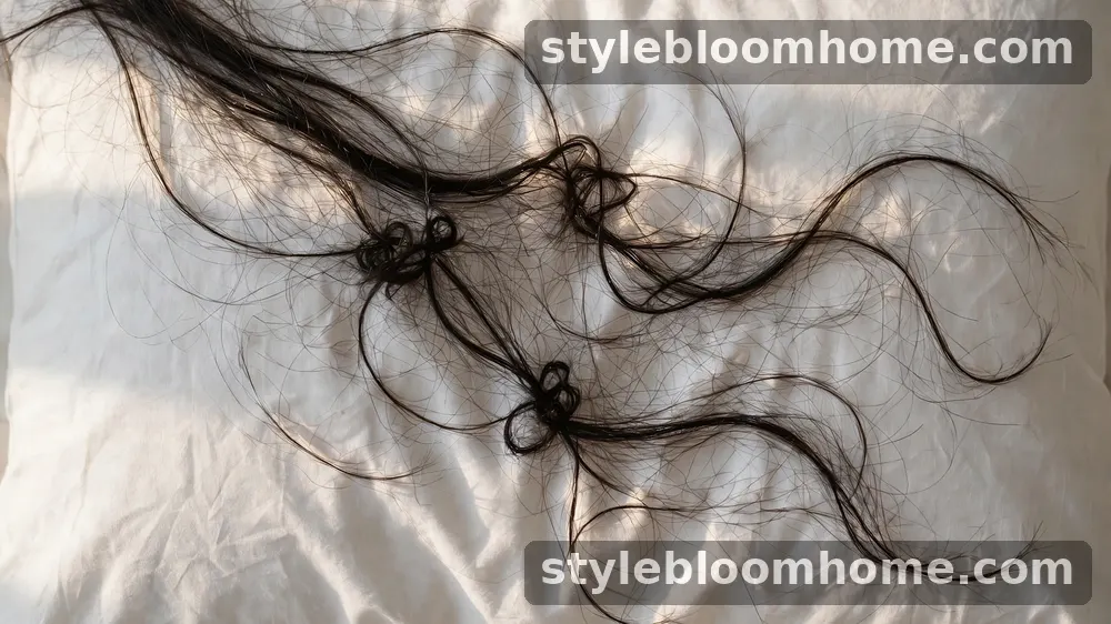 Illustration: hair spread and tangled across a plain white pillowcase.
