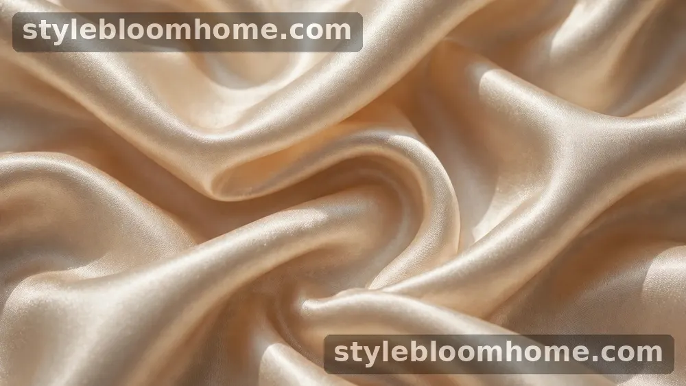 Illustration: close-up of champagne satin fabric folds, showing the sheen and smooth weave.