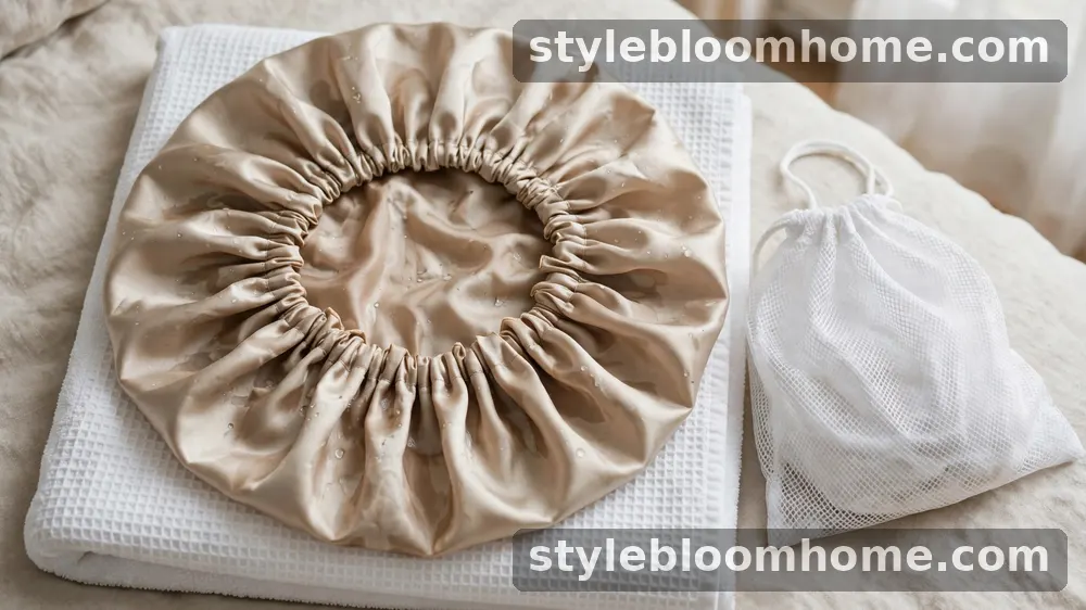 Illustration: a damp champagne satin bonnet drying flat on a white towel beside a mesh laundry bag.