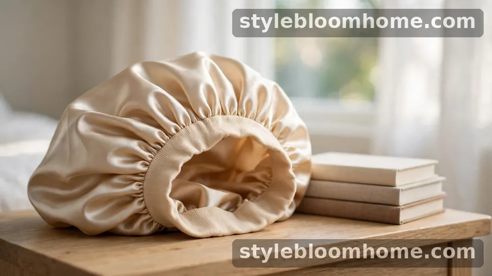 Illustration: a gathered champagne silk bonnet with a wide soft band on a light oak table beside a stack of books