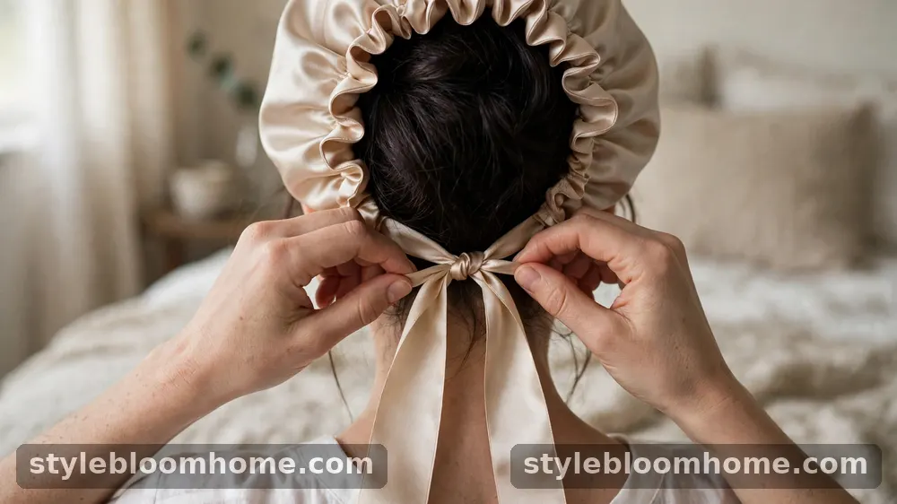 Illustration: hands tying the long silk ribbons of a bonnet at the nape, seen from behind