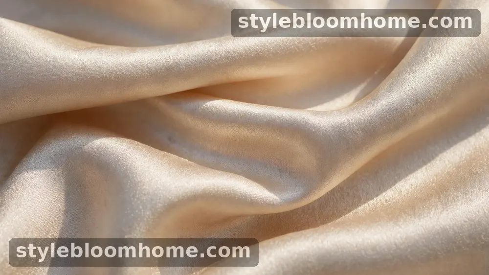 Illustration: close-up of champagne silk fabric folds in daylight, showing the sheen and fine weave