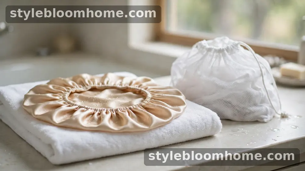 Illustration: a damp champagne silk bonnet drying flat on a white towel beside a white mesh laundry bag