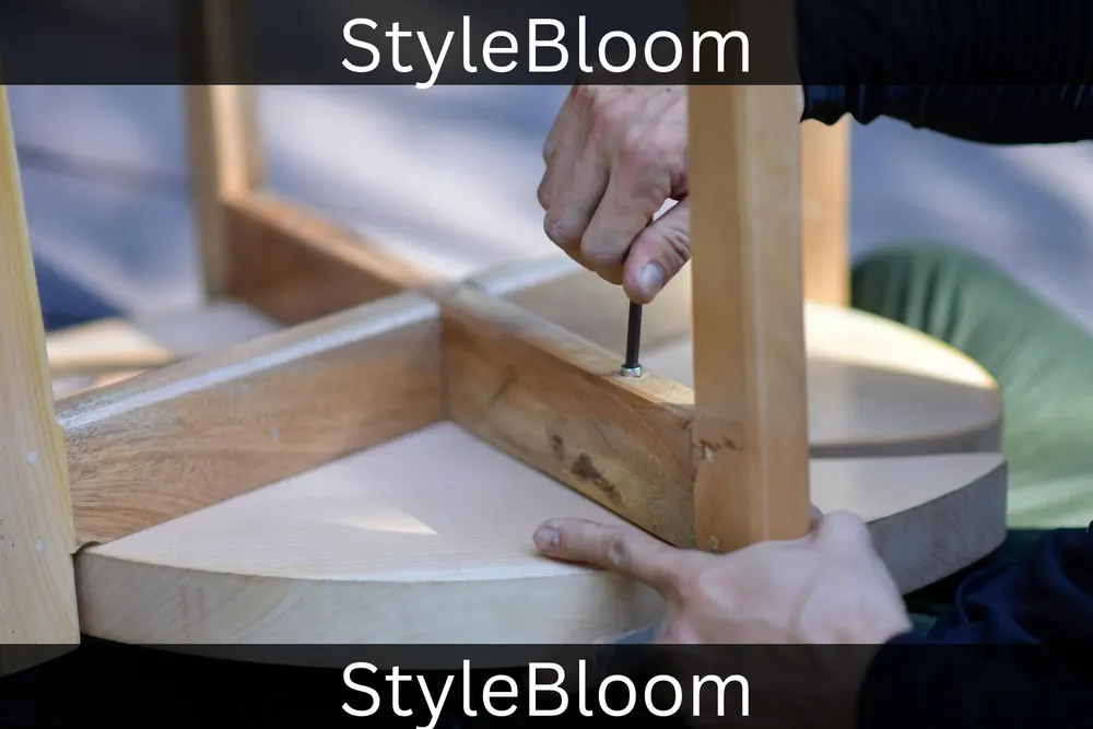 Hands tightening a wooden table with a small tool