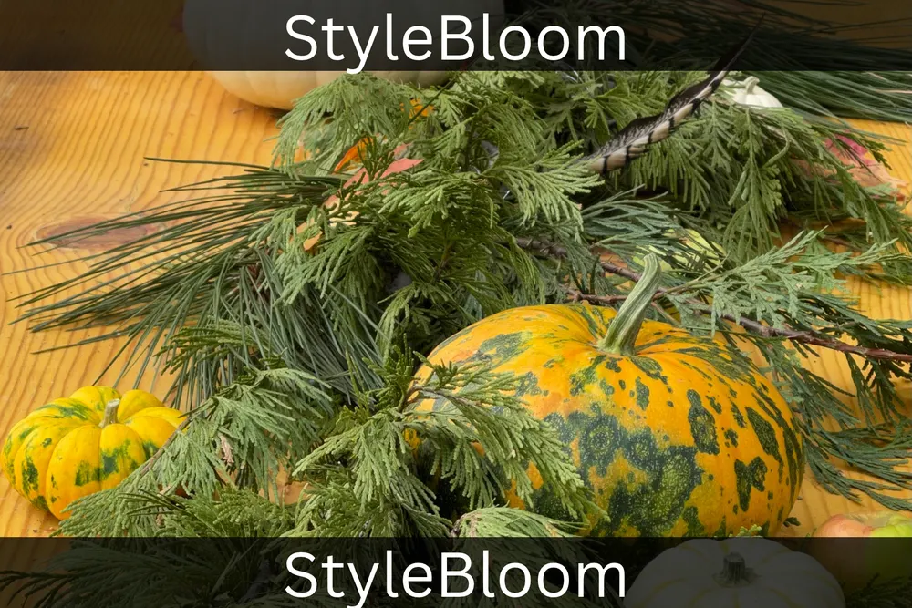 Pumpkins and evergreen branches arranged on a wooden table