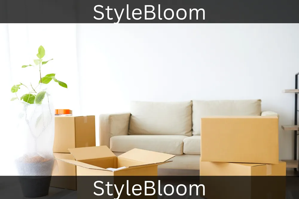 A living room mid-refresh with cardboard boxes beside a light sofa