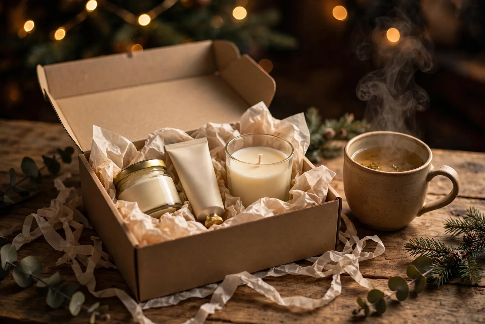 Coffret cadeau beauté pour maman avec crème, bougie parfumée et tasse de thé fumante devant un sapin de Noël