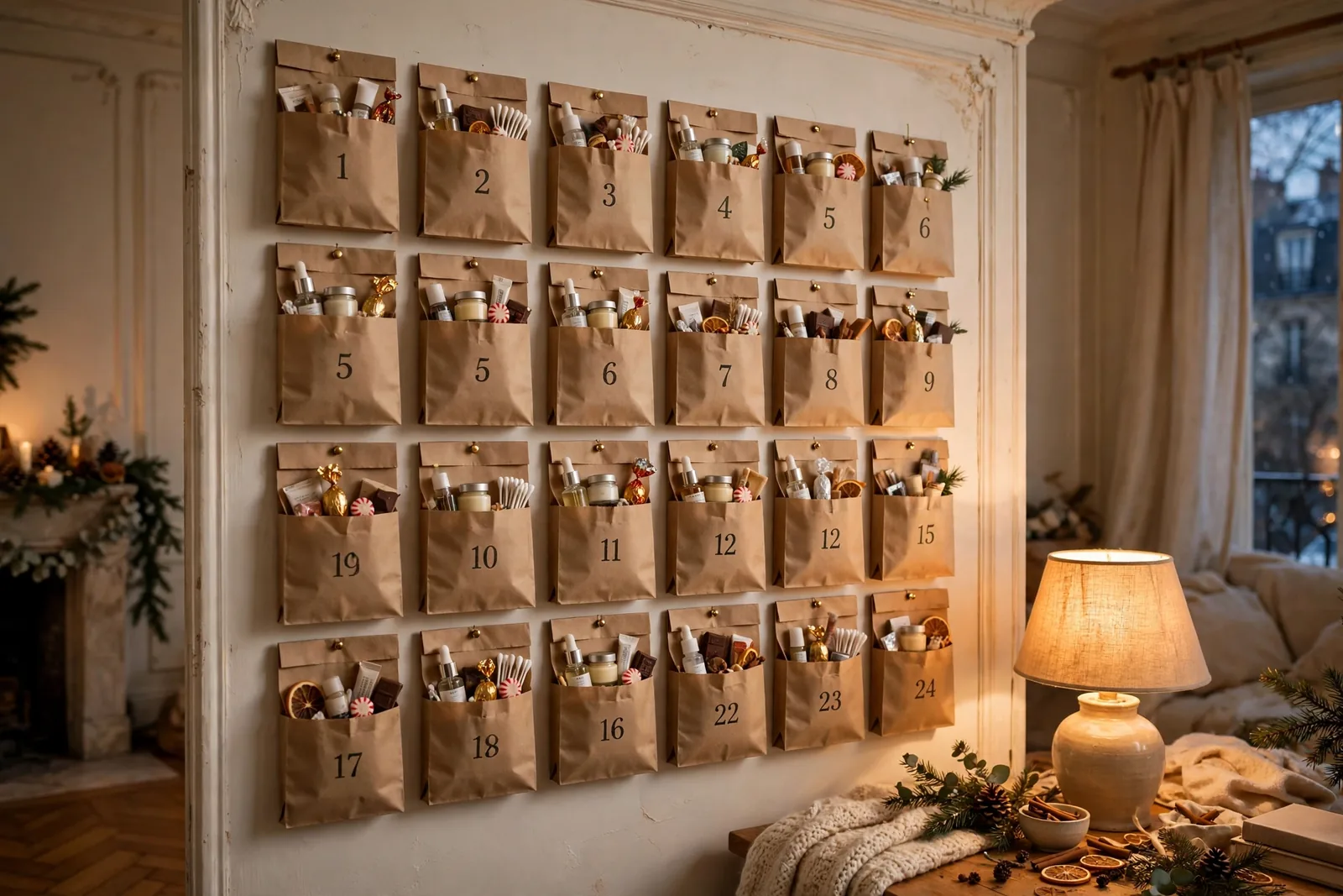 Calendrier de l'Avent fait maison : petits sachets numérotés, pommes de pin et cannelle sur une table en bois