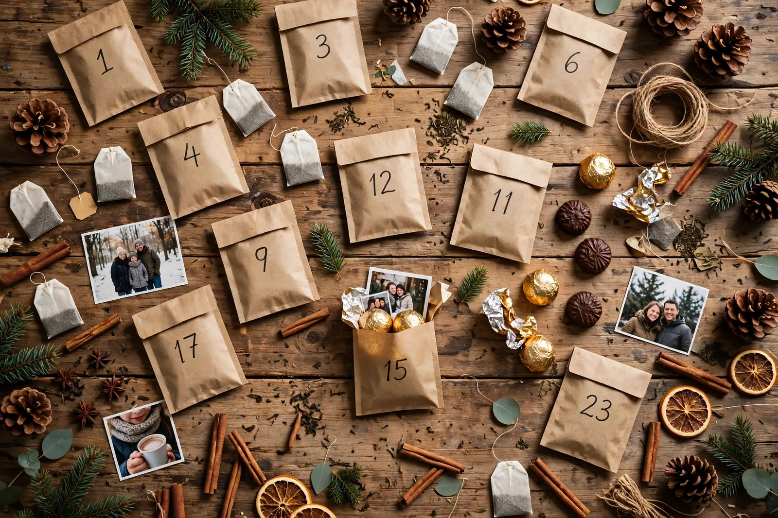 Calendrier de l'Avent fait maison pour mamie : sachets kraft numérotés, sachets de thé, chocolats, photos de famille et cannelle sur une table en bois