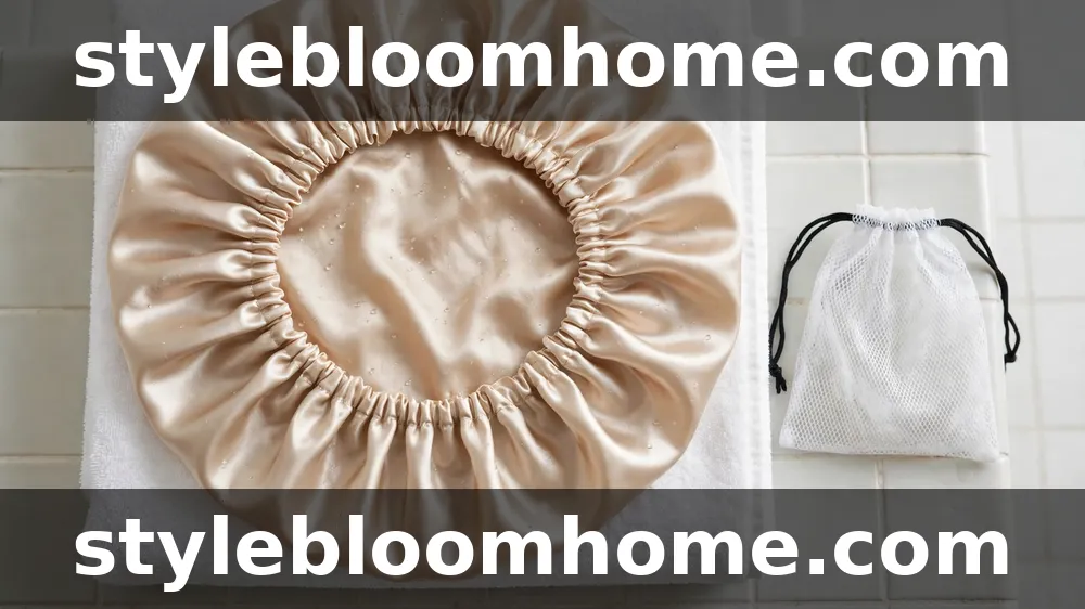 Illustration: a freshly washed satin bonnet drying flat on a white towel beside a mesh wash bag