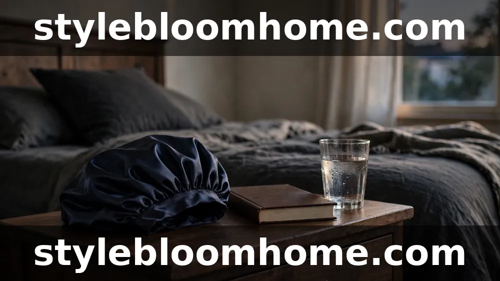 Illustration: a plain dark satin bonnet on a bedside table beside a closed book and a glass of water