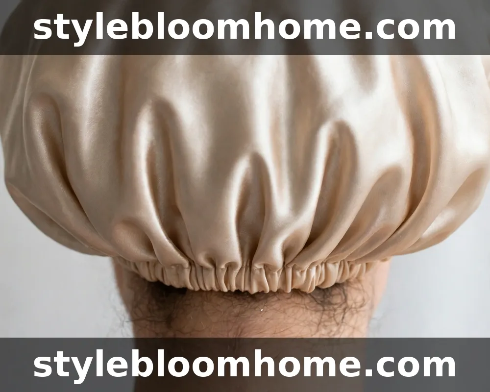 Illustration: the back of a roomy satin bonnet, its band sitting at the nape over hair gathered inside