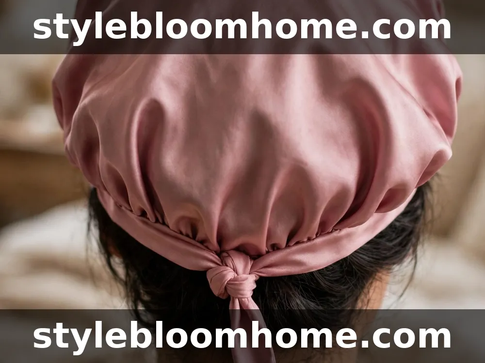Illustration: the back of a dusty-rose satin bonnet with its tie knotted at the nape
