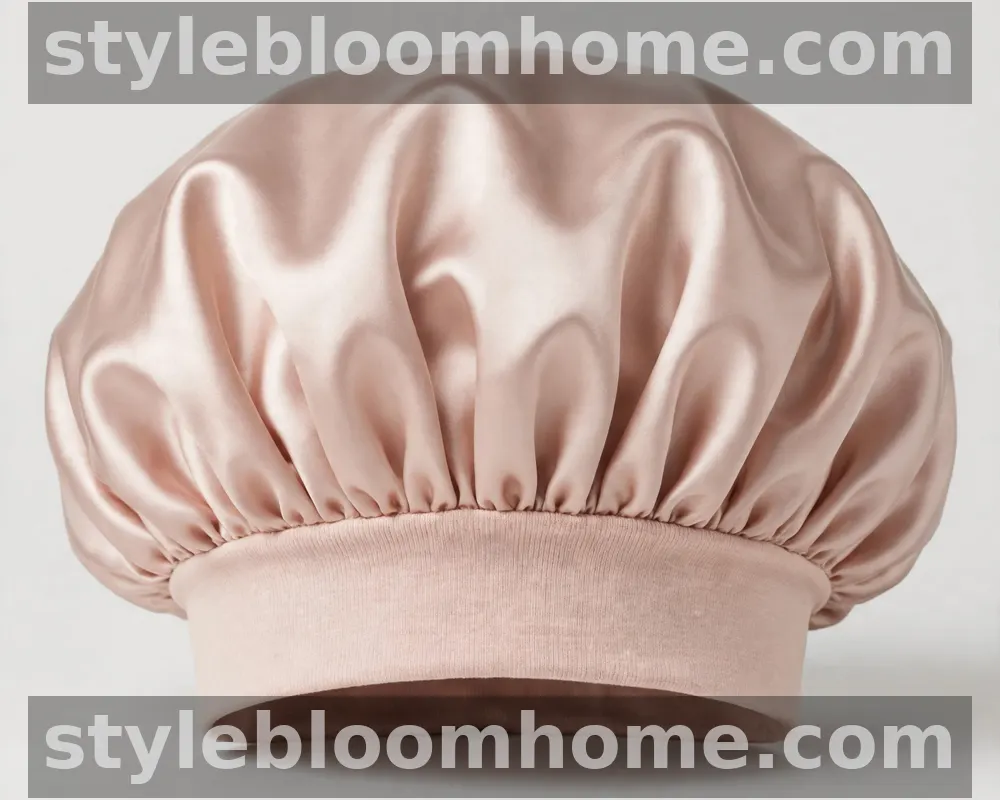 Illustration: a gathered champagne-pink silk bonnet with a wide soft band, on a plain light background